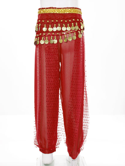 Kids' Belly Dance Costume Set - Sequined Pants & Beaded Hip Scarf