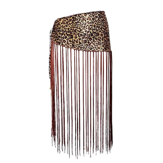 Leopard Print Stretch Velvet Belt with Long Fringe