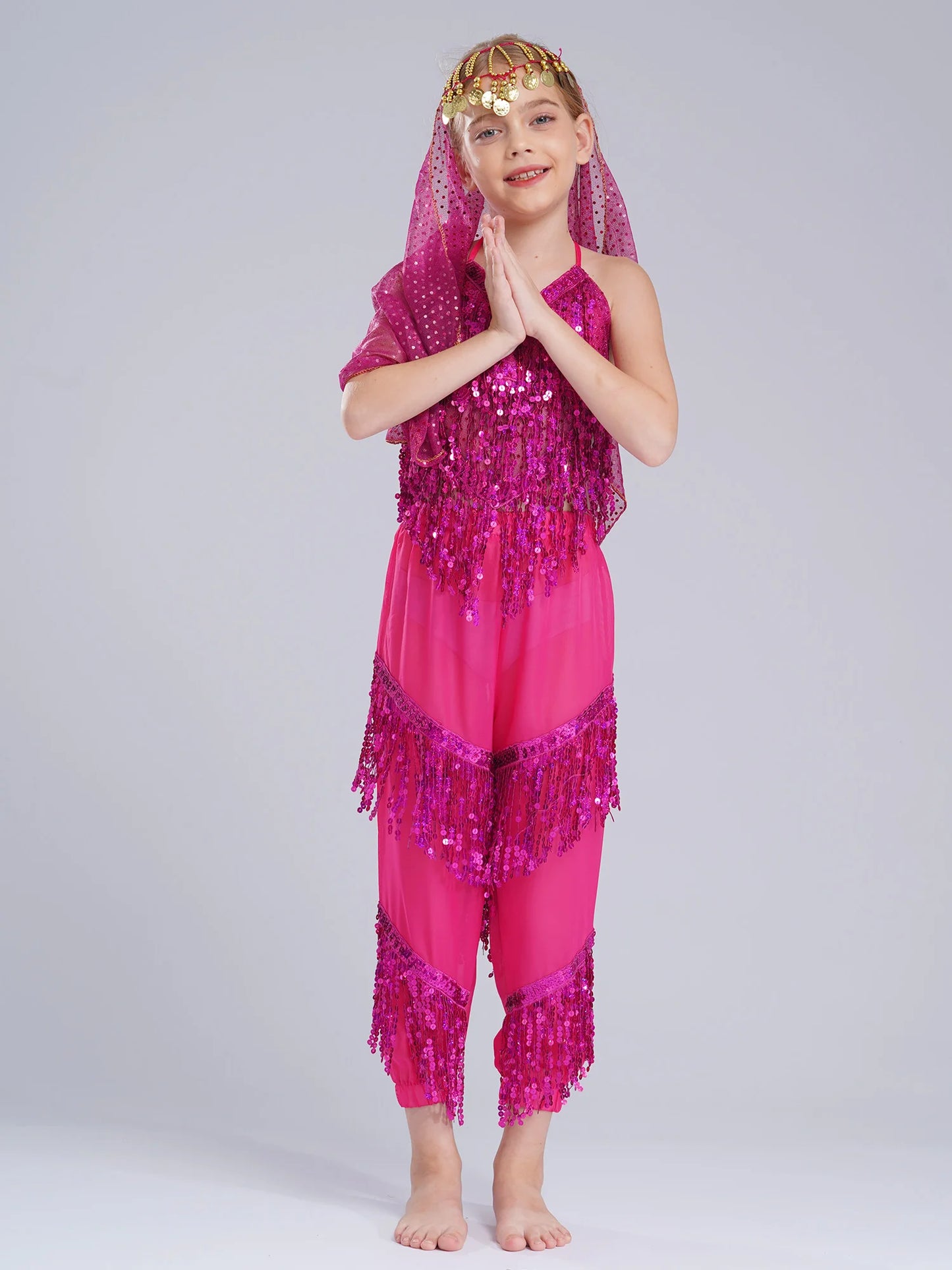 3-Piece Girls' Sequin Belly Dance Costume – Halter Top, Pants & Headscarf