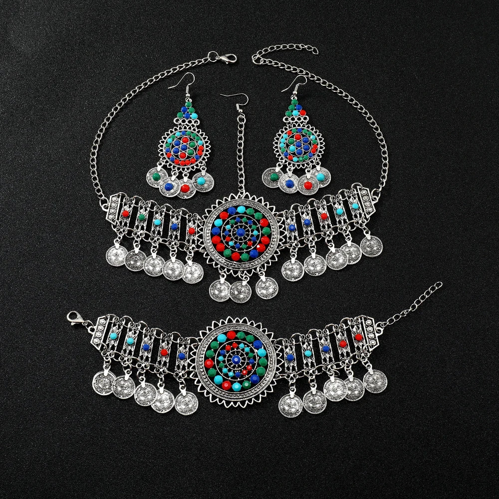 Afghan Gypsy Jewelry Set - Boho Coin Headband, Bracelet & Earrings