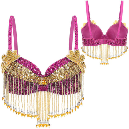 Belly Dance Bra with Beaded Tassels & Sequin Flowers