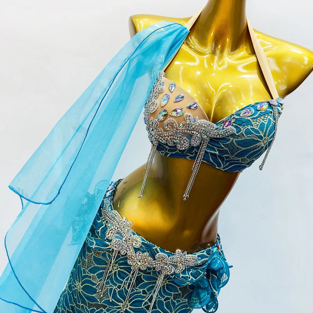 Rhinestone Bra & Mermaid Skirt Belly Dance Costume