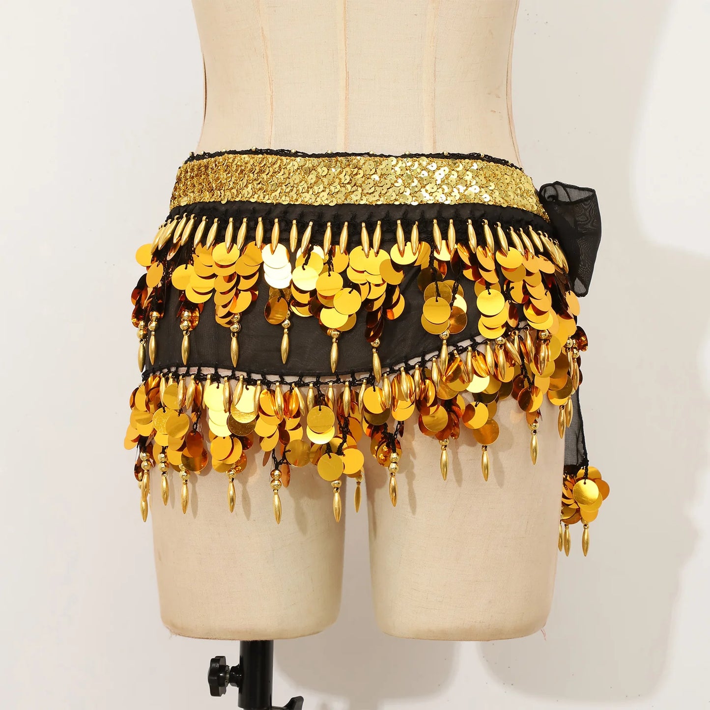 Women's Belly Dance Hip Scarf with Sequins, Beads & Lace-Up Waist Skirt