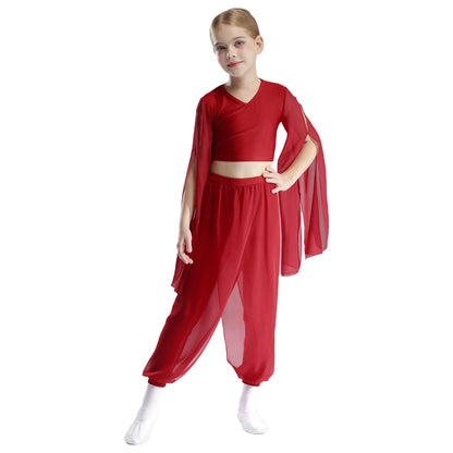 Kids' Dance Outfit - Split-Sleeve Crop Top & Chiffon Pants