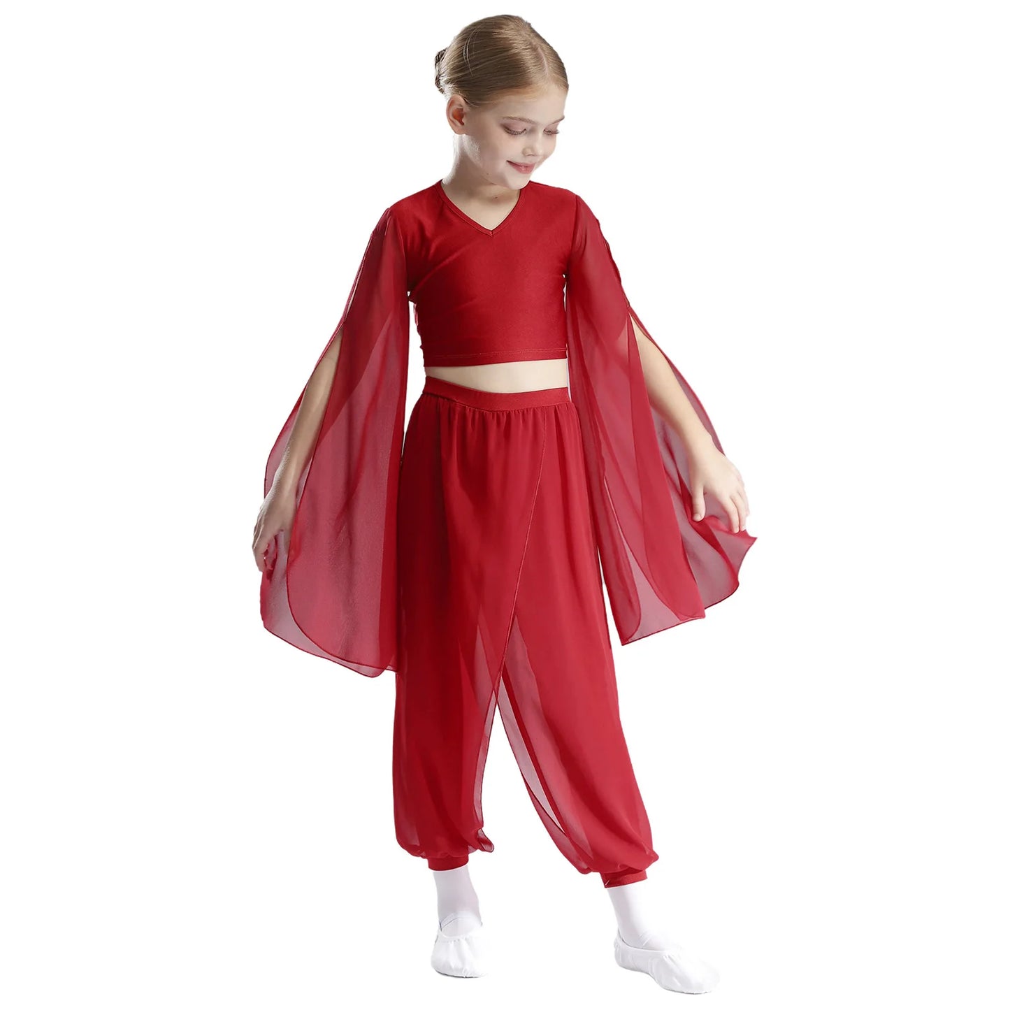 Kids' Dance Outfit - Split-Sleeve Crop Top & Chiffon Pants