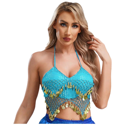 Belly Dance Coin Bra Top – Adjustable Lace-Up Design with Beads