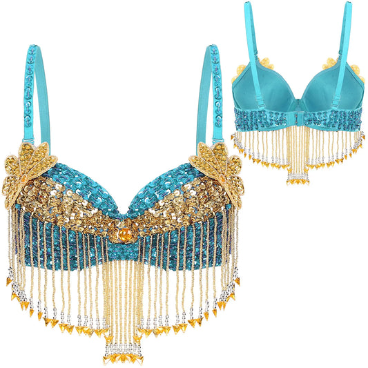 Belly Dance Bra with Beaded Tassels & Sequin Flowers