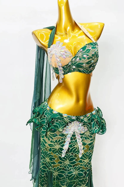 Rhinestone Bra & Mermaid Skirt Belly Dance Costume