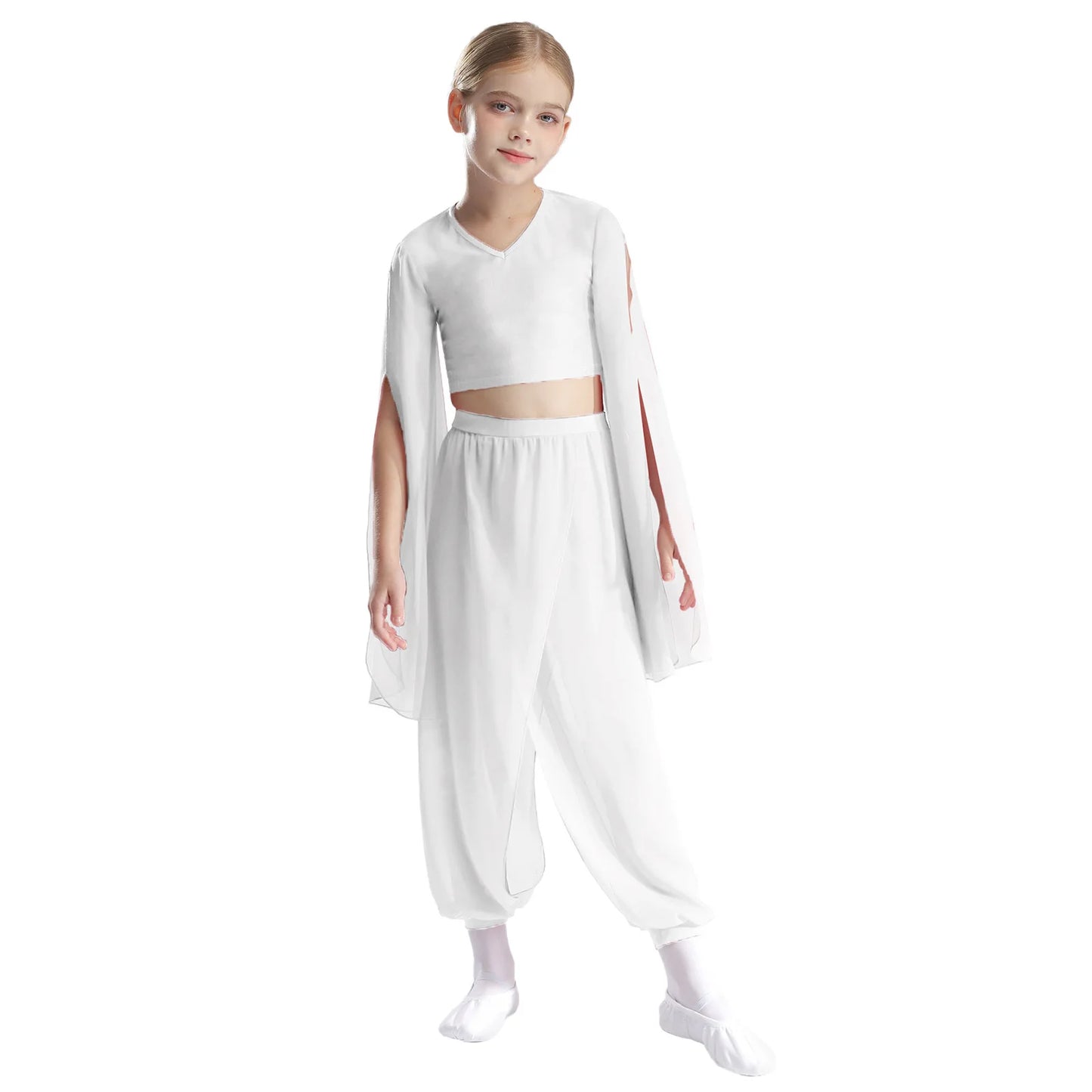 Kids' Dance Outfit - Split-Sleeve Crop Top & Chiffon Pants