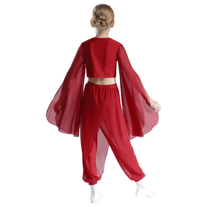 Kids' Dance Outfit - Split-Sleeve Crop Top & Chiffon Pants