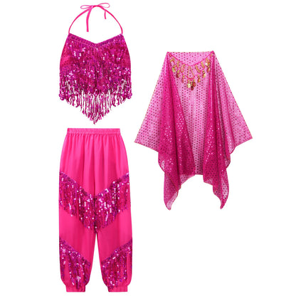 3-Piece Girls' Sequin Belly Dance Costume – Halter Top, Pants & Headscarf