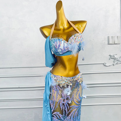 Luxury Rhinestone Satin Bellydance Costume – 2-Piece Set