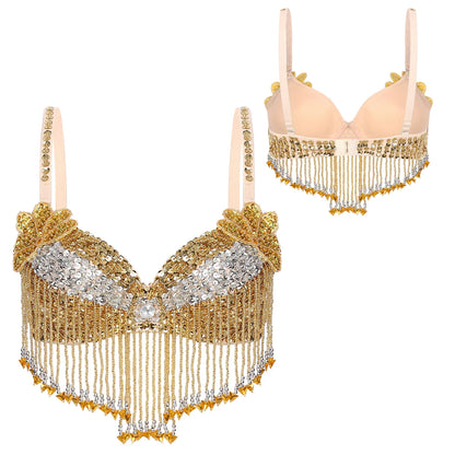 Belly Dance Bra with Beaded Tassels & Sequin Flowers