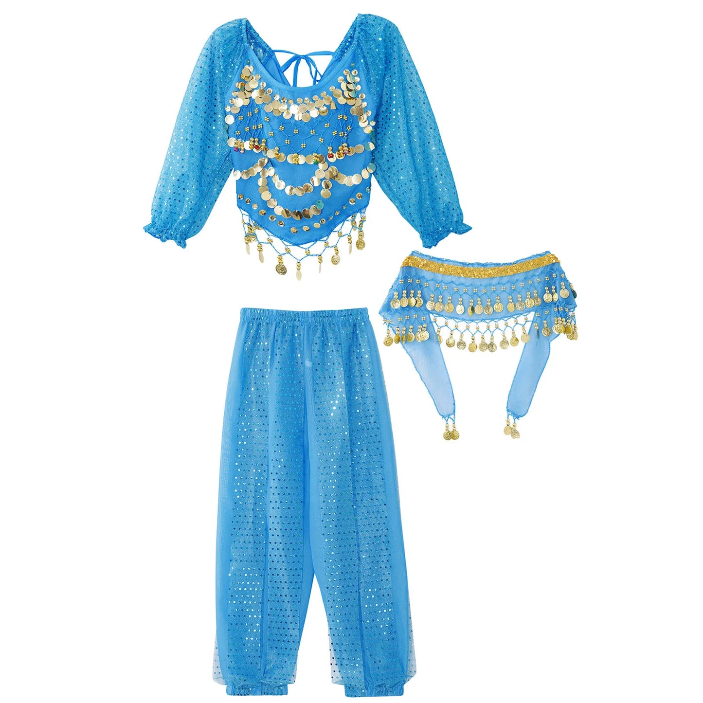 Kids' Belly Dance Outfit - Sequin Crop Top, Pants & Hip Scarf