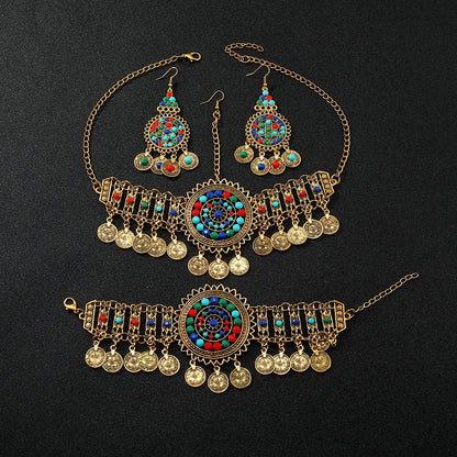 Afghan Gypsy Jewelry Set - Boho Coin Headband, Bracelet & Earrings