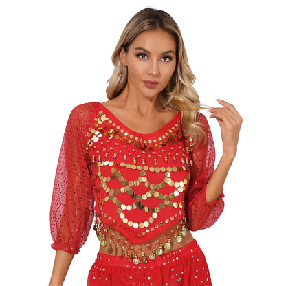 Sequined Long Sleeve Belly Dance Chiffon Crop Top – Self-Tie Back