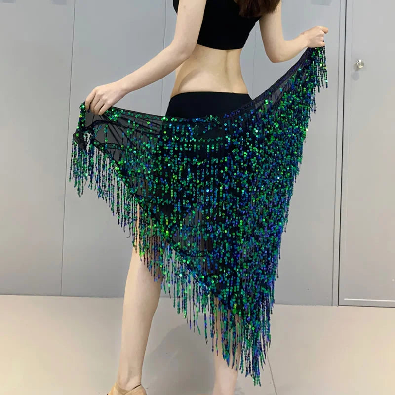 Belly Dance Hip Scarf – Triangle Mesh Diamond Hip Tassel Shawl