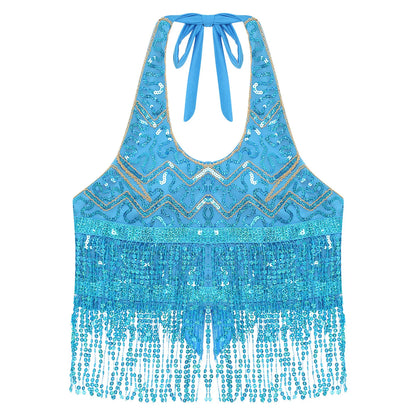 Halter Belly Dance Top with Sequins & Fringe