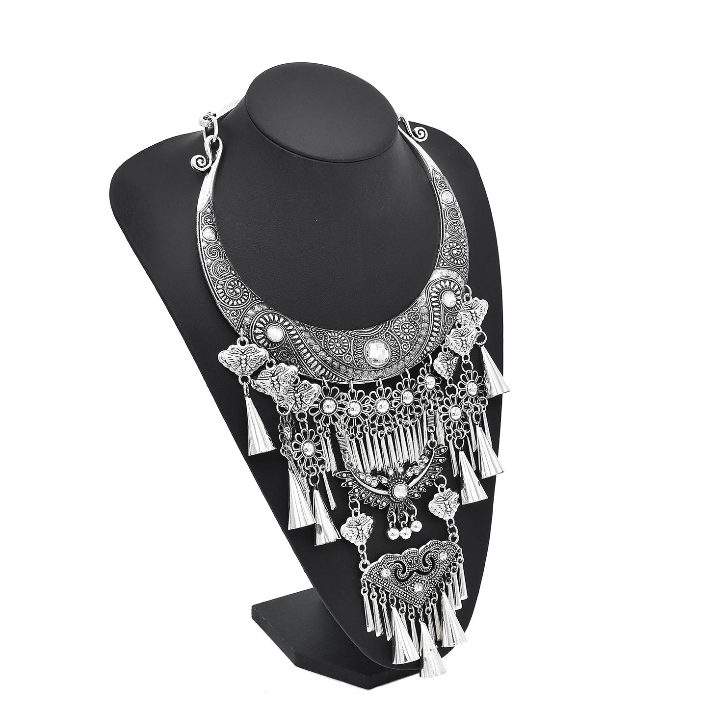 Ethnic Miao Silver Plated Horn Tassel Moon Pendant Necklace