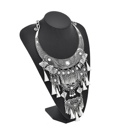 Ethnic Miao Silver Plated Horn Tassel Moon Pendant Necklace