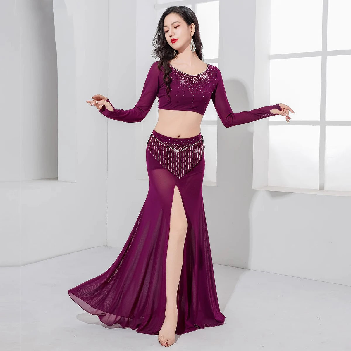 Belly Dance Costume with Rhinestone Fringes - Soft Stretch Outfit for Class or Stage