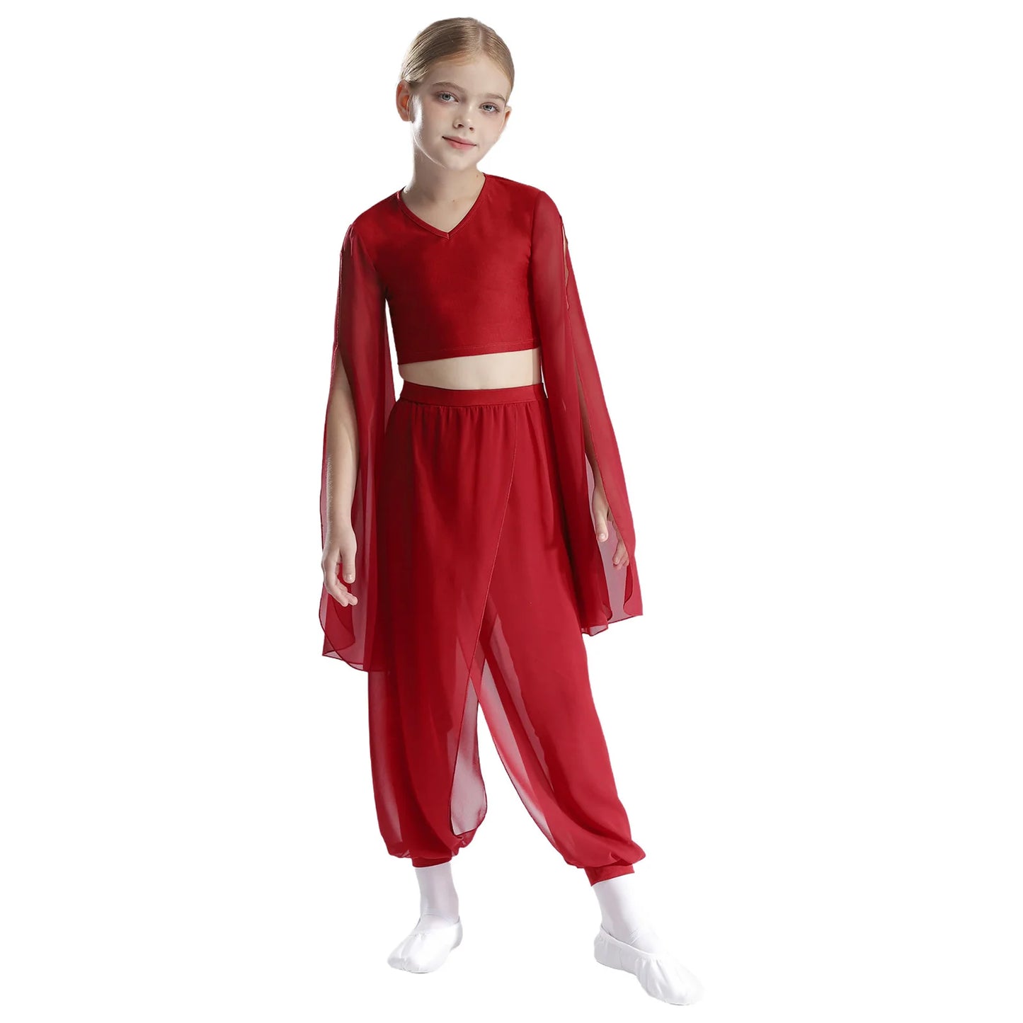 Kids' Dance Outfit - Split-Sleeve Crop Top & Chiffon Pants