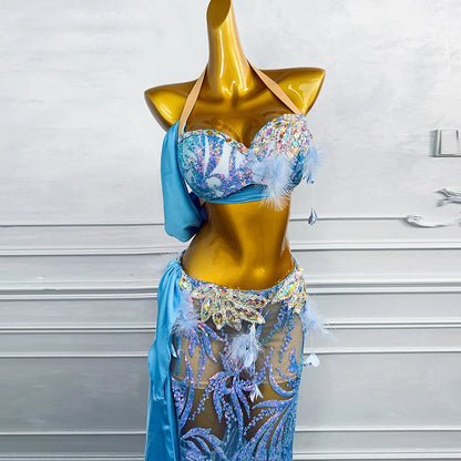 Luxury Rhinestone Satin Bellydance Costume – 2-Piece Set