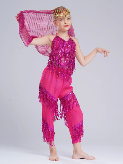 3-Piece Girls' Sequin Belly Dance Costume – Halter Top, Pants & Headscarf