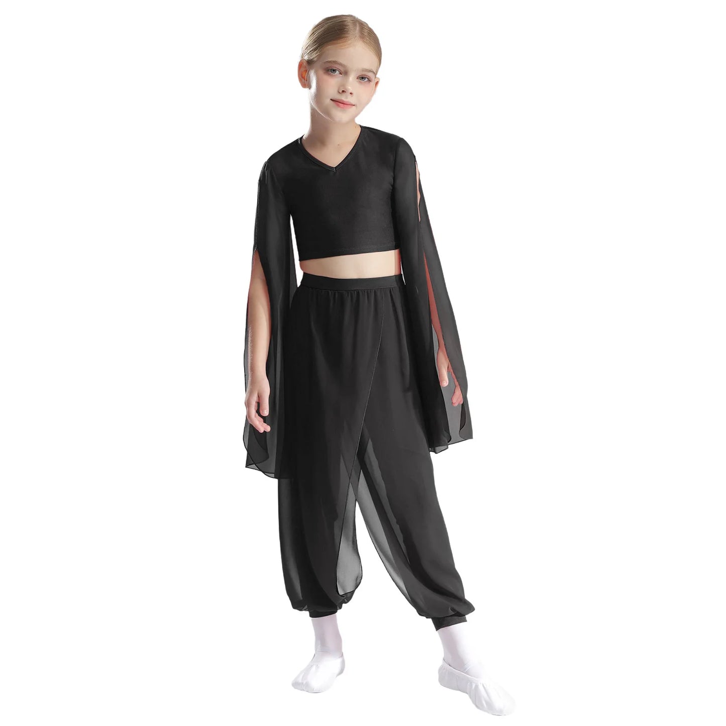 Kids' Dance Outfit - Split-Sleeve Crop Top & Chiffon Pants