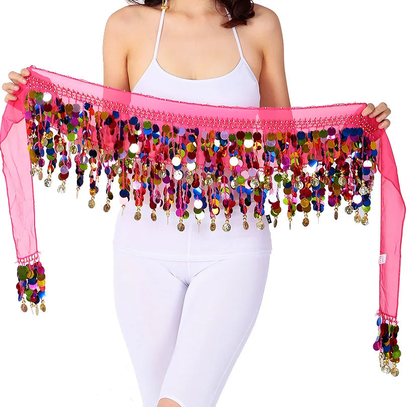 Colorful Double-Layer Sequin Tassel Belly Dance Hip Scarf