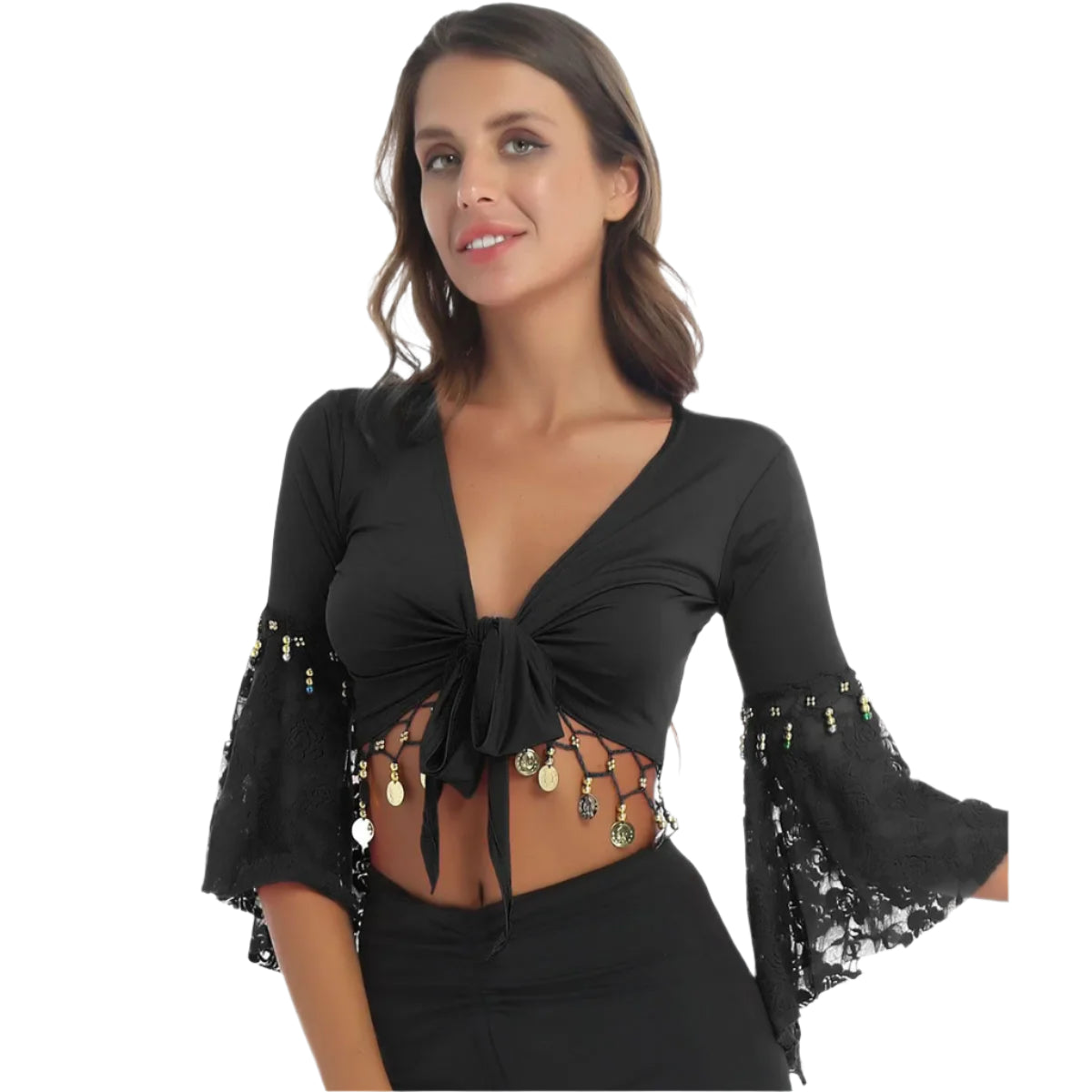 Flare Sleeve Tassel Crop Top