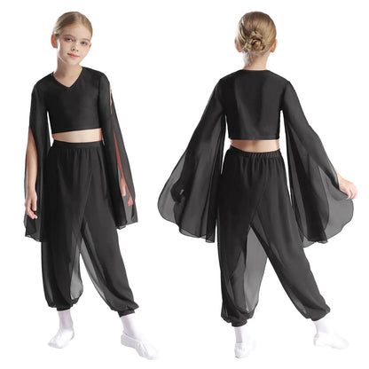 Kids' Dance Outfit - Split-Sleeve Crop Top & Chiffon Pants