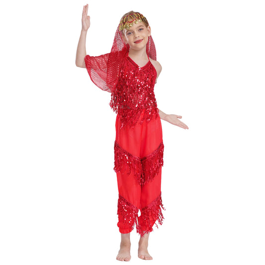 3-Piece Girls' Sequin Belly Dance Costume – Halter Top, Pants & Headscarf