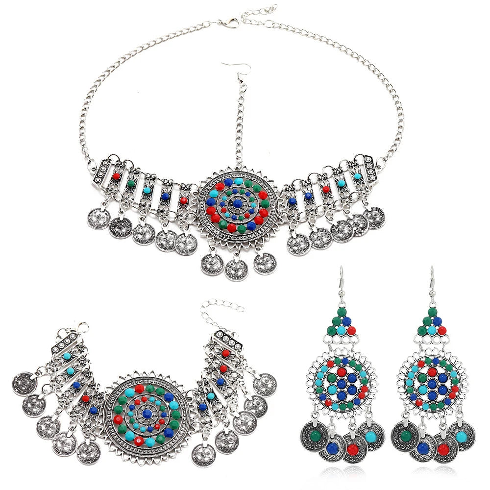 Afghan Gypsy Jewelry Set - Boho Coin Headband, Bracelet & Earrings