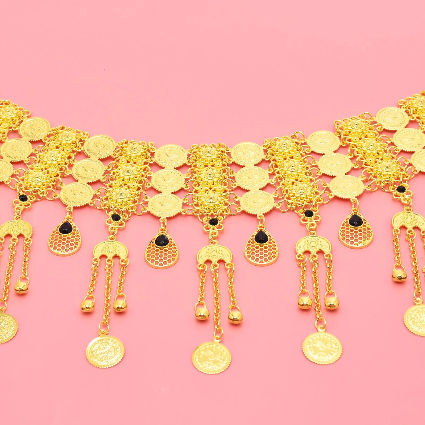 3-Row Coin Long Bell Tassel Moon Pendant Belly Chain