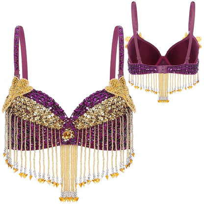 Belly Dance Bra with Beaded Tassels & Sequin Flowers