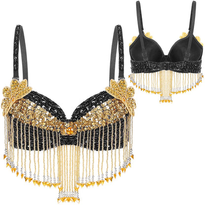 Belly Dance Bra with Beaded Tassels & Sequin Flowers