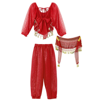 Kids' Belly Dance Outfit - Sequin Crop Top, Pants & Hip Scarf