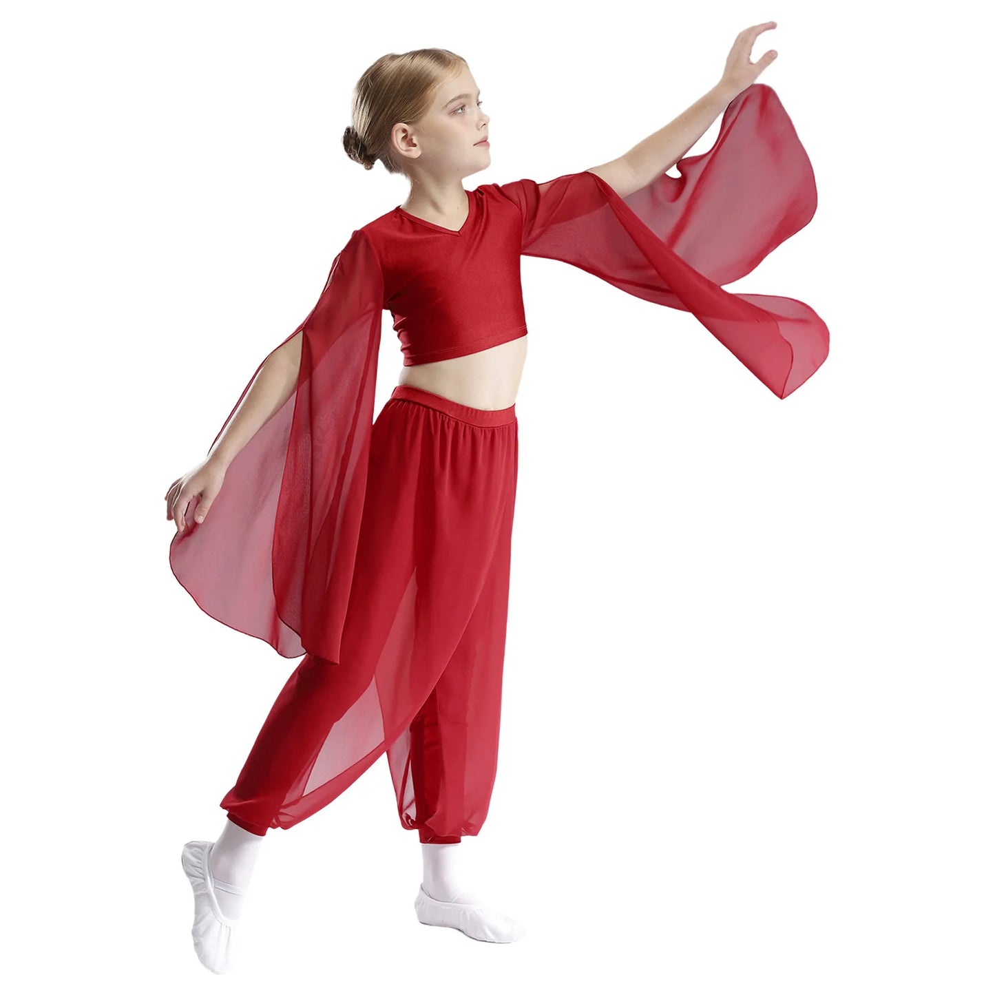 Kids' Dance Outfit - Split-Sleeve Crop Top & Chiffon Pants